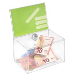 sudu® grüne Spendenbox Aktionsbox Losbox mit Topschild A4 Acrylglas Schloss 