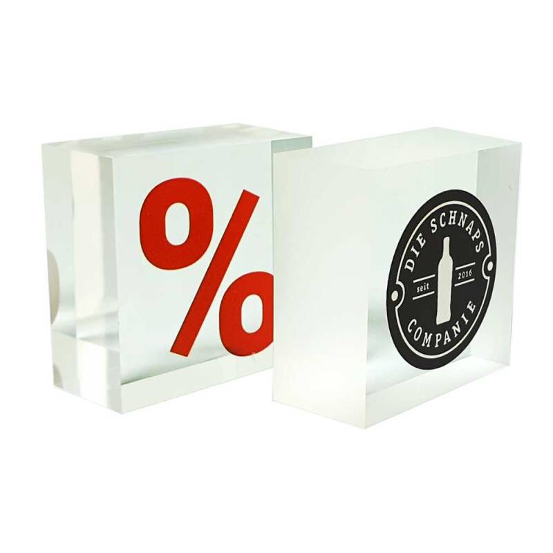 Acrylglas Logoblock mit 5C Digitaldruck 40 x 40mm / 20mm Materialstärke glänzende Kanten Druck auf Rückseite / Spiegeldruck