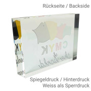 Acrylglas Logoblock mit 5C Digitaldruck 40 x 40mm / 20mm Materialstärke satinierte Kanten Druck auf Rückseite / Spiegeldruck