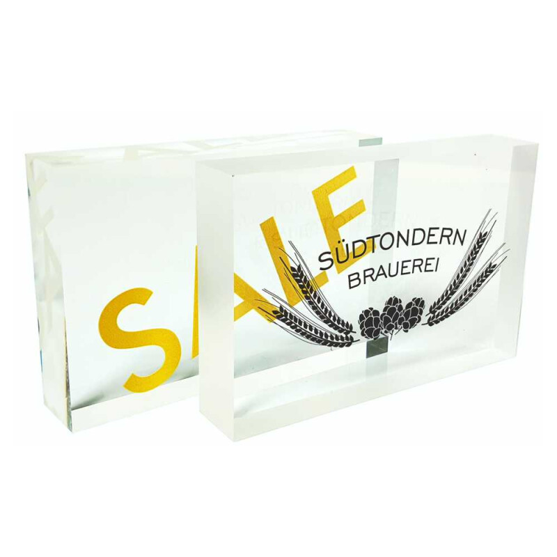 Acrylglas Logoblock mit 5C Digitaldruck 70 x 105mm  / 20mm Materialstärke glänzende Kanten Druck auf Rückseite / Spiegeldruck