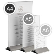 Speisekartenhalter doppelseitig aus Acrylglas mit Metallfuss DIN A4 Hochformat Silber